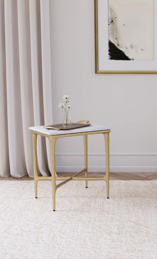 Baldwin - Rectangular Marble Top Side Table - White And Gold by Coaster Fine Furniture | Bel Furniture