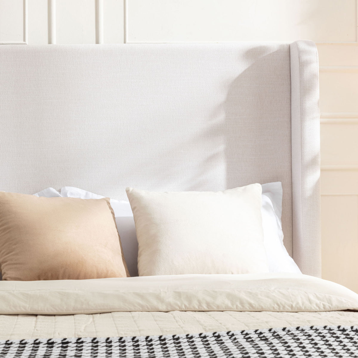 Hayden - King Size Upholstered Wingback Bed With And Tall 54" Headboard - Ivory