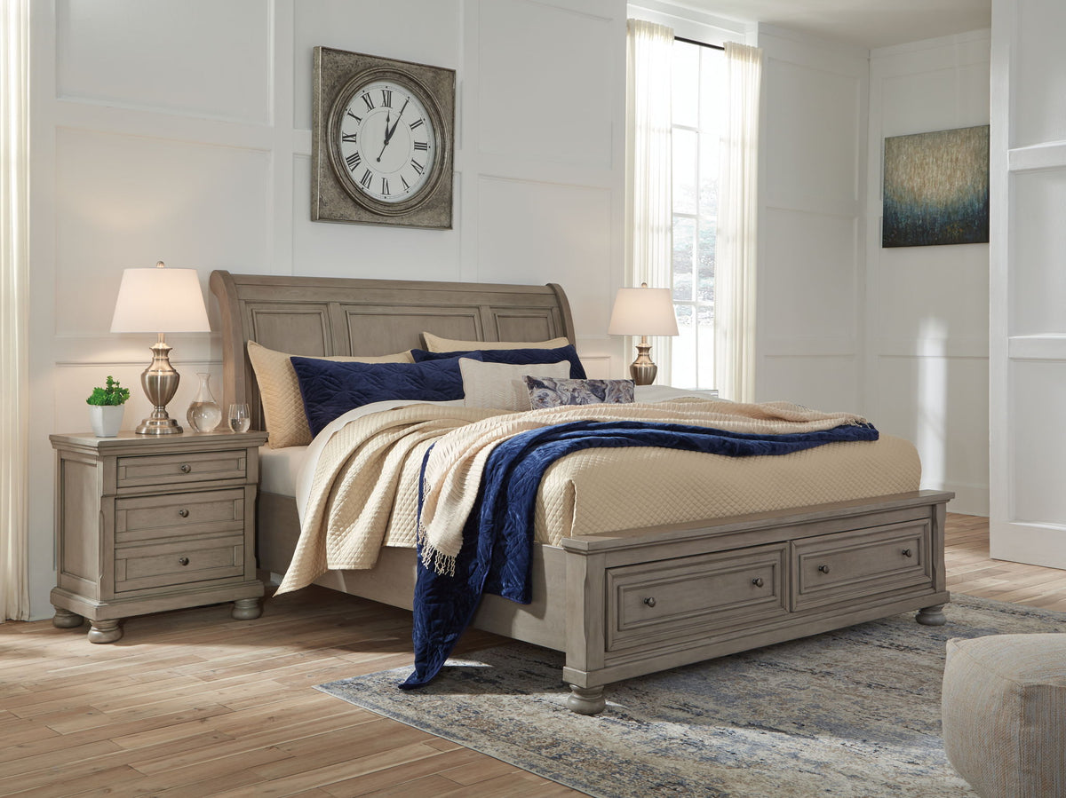 Lettner - King Sleigh Bed With 2 Storage Drawers - Light Gray