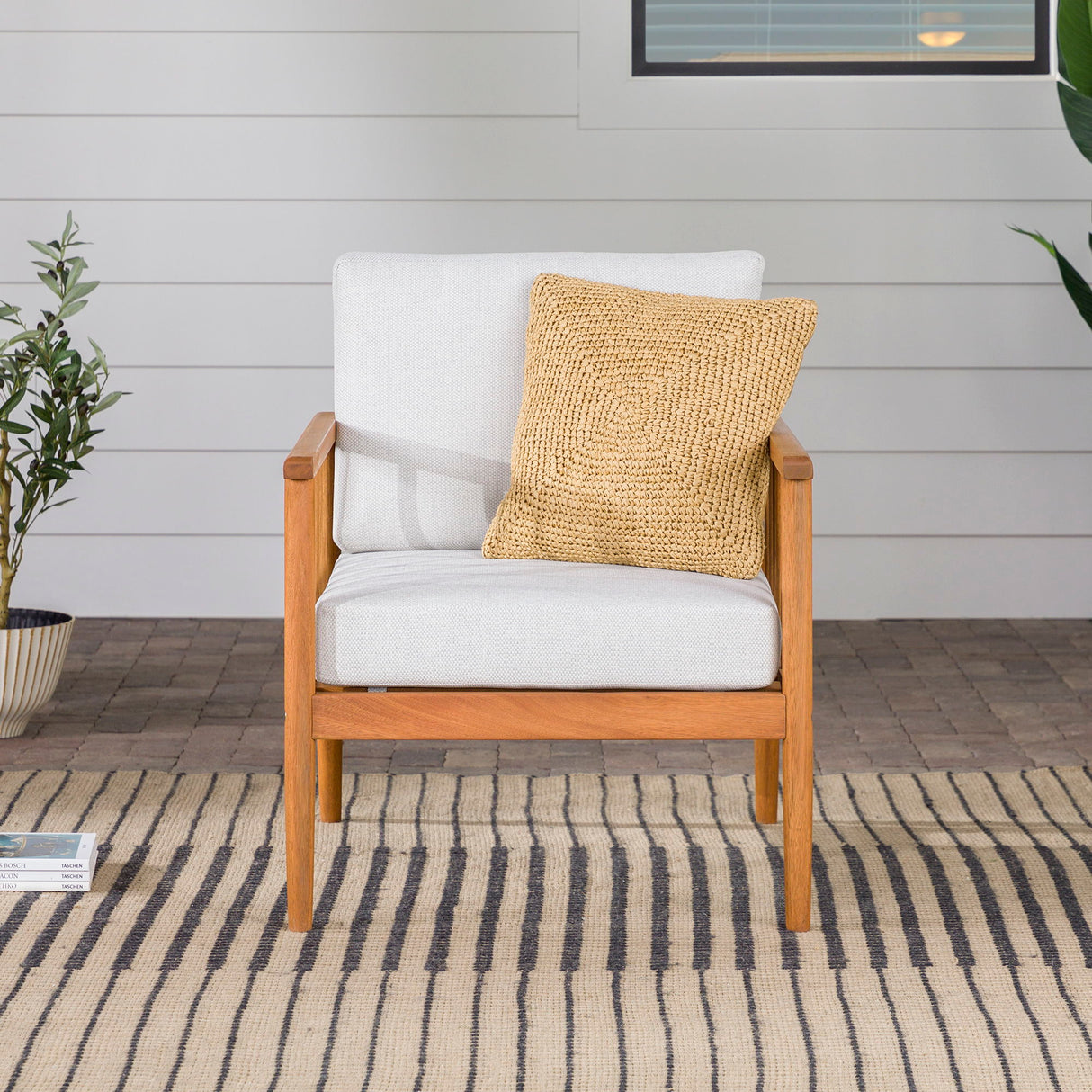 Contemporary Cushioned Eucalyptus Wood Patio Accent Chair by Walker Edison | Bel Furniture