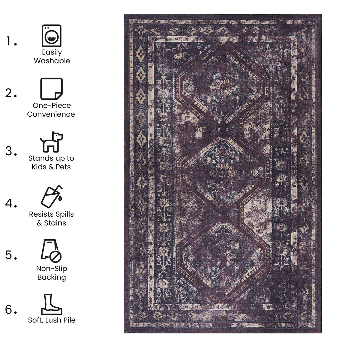 Maval - 8' X 10' Washable Area Rug - Black / Burgundy