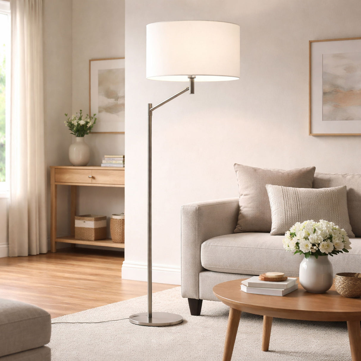 Horizon - Table Lamp With On / Off Switch Curved Base Linen Shade - Brushed Nickel / Silver / White