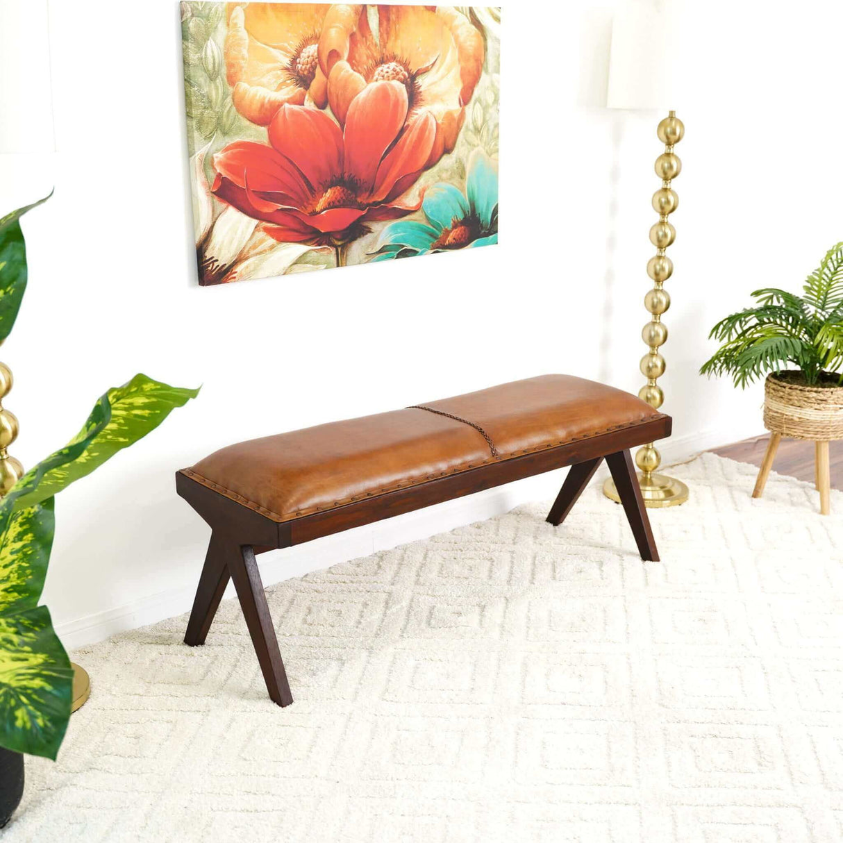 Chad - Mid-Century Modern Leather Bench - Brown / Tan by Ashcroft Furniture | Bel Furniture