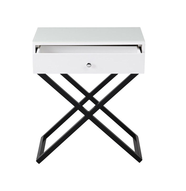 Koda - Wooden End Side Table Nightstand With Glass Top, Drawer And Metal Cross Base by Lilola Home | Bel Furniture