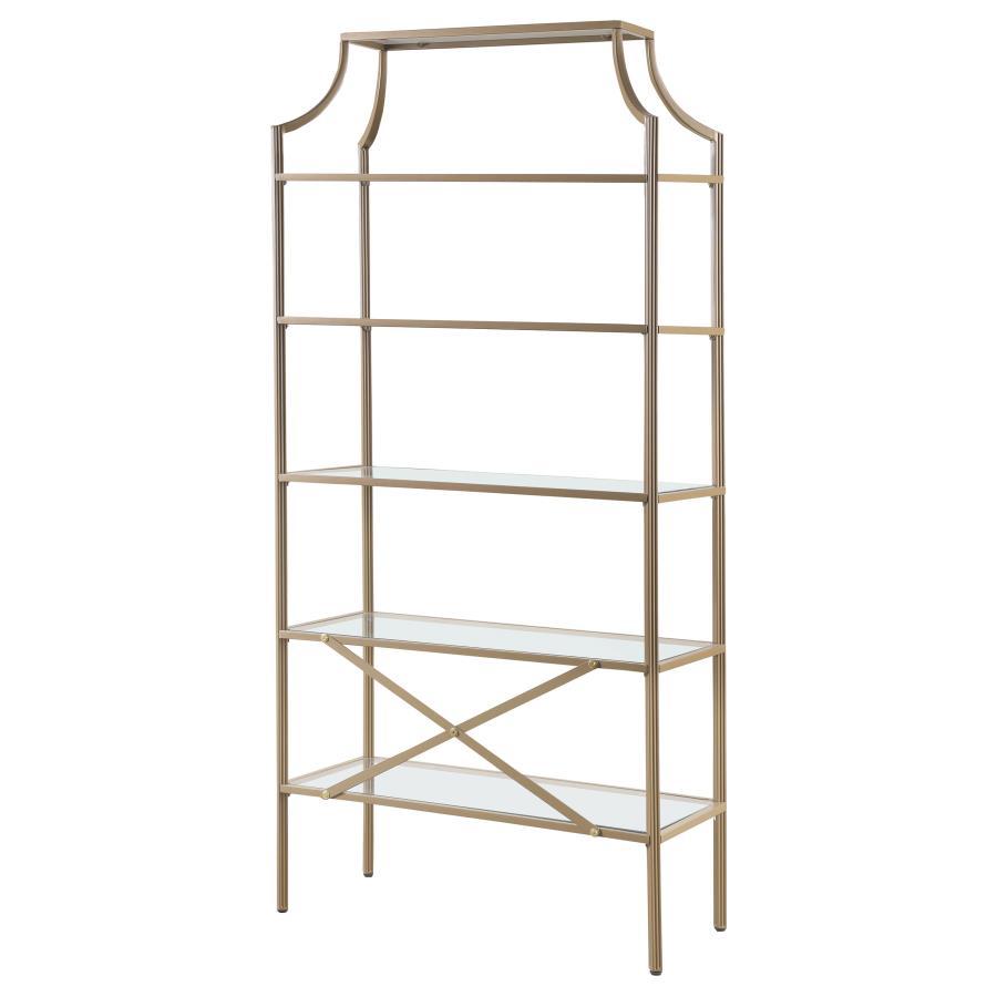 Serena - 5-Shelf Glass Bookshelf - Gold by CoasterEssence | Bel Furniture
