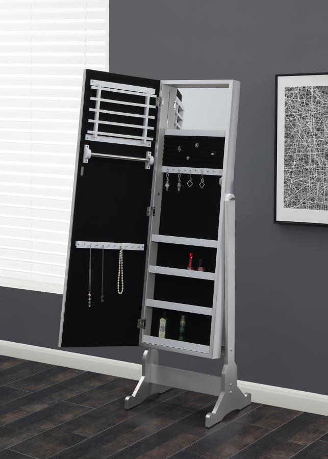 Moore - Cheval Mirror With Jewelry Storage - Silver by CoasterEssence | Bel Furniture