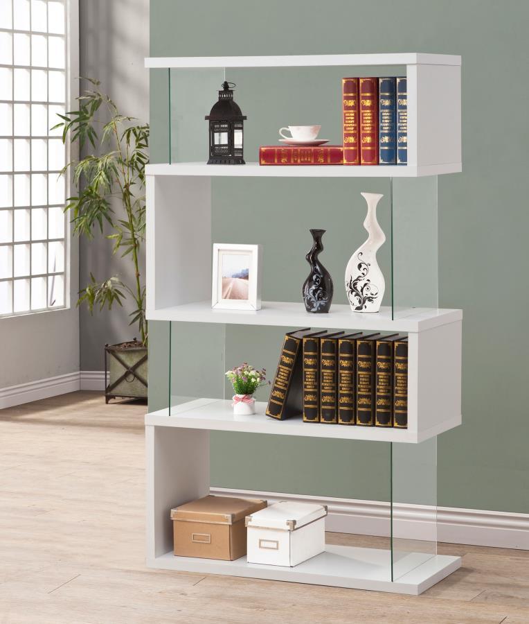 Emelle - 4-Shelf Glass Panel Bookshelf by CoasterEveryday | Bel Furniture