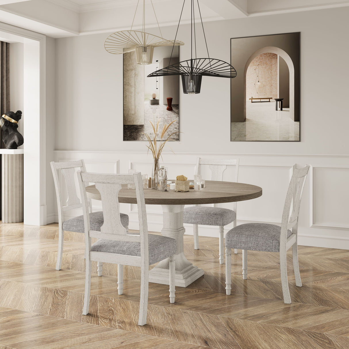 Tannen - Round 5 Piece Dining Table (Set of 5) - White And Gray by Lilola Home | Bel Furniture