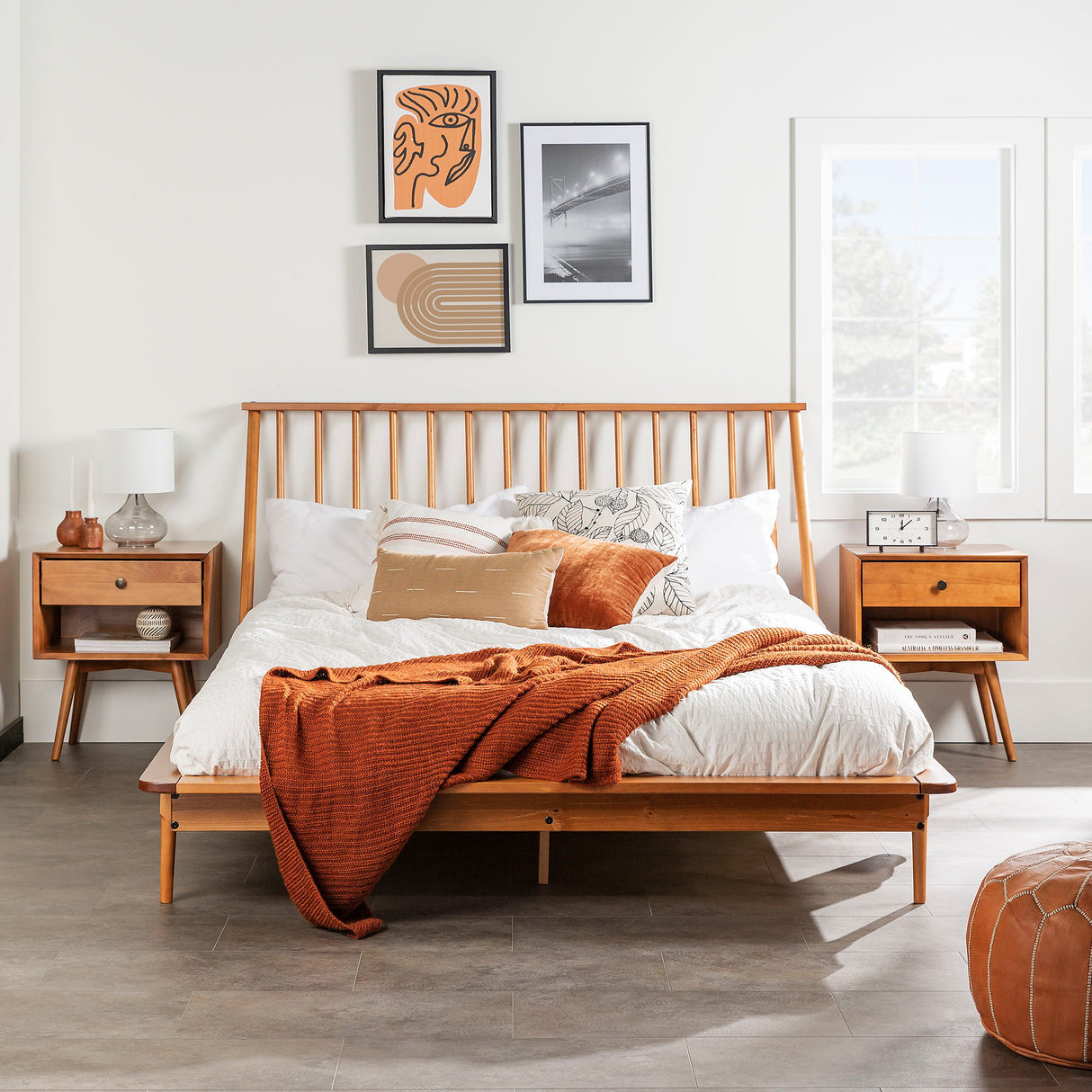 Mid-Century Modern Solid Wood Platform Bed Frame With Spindle Headboard by Walker Edison | Bel Furniture
