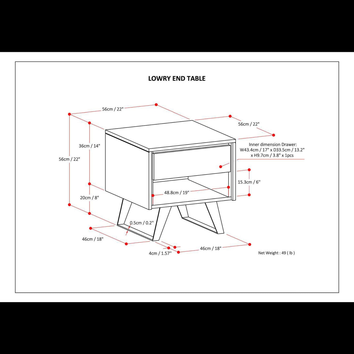 Lowry handcrafted end table with drawers, mid-century modern design, dimension diagram - Bel Furniture