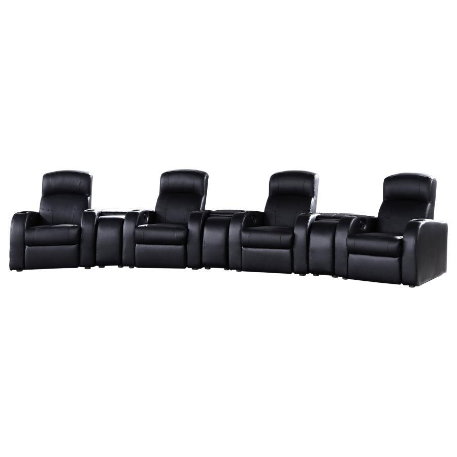 Cyrus - Upholstered Home Theater Seating Black 7 Pc. 4 Seats, 3 Cup Holders by CoasterEssence | Bel Furniture