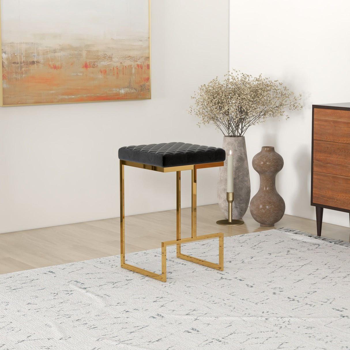 Joel - Mid-Century Modern Luxury Upholstered Stool - Black / Gold by Ashcroft Furniture | Bel Furniture