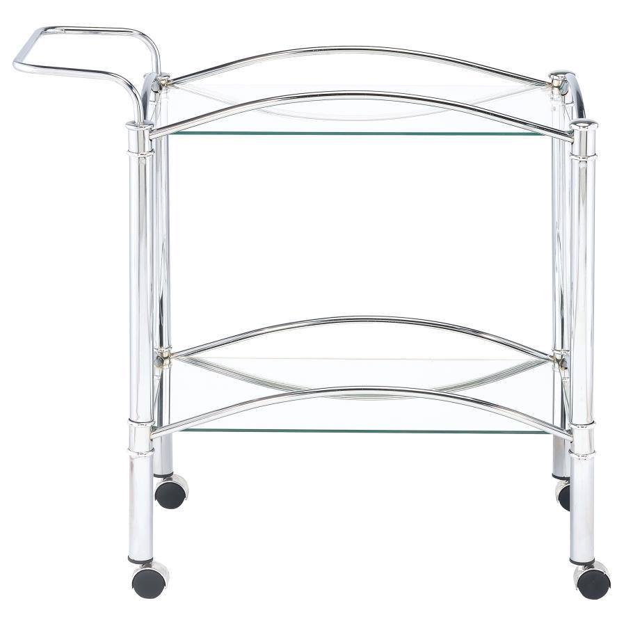 Shadix - 2-Tier Rectangular Glass Shelf Metal Bar Cart - Chrome by CoasterEveryday | Bel Furniture