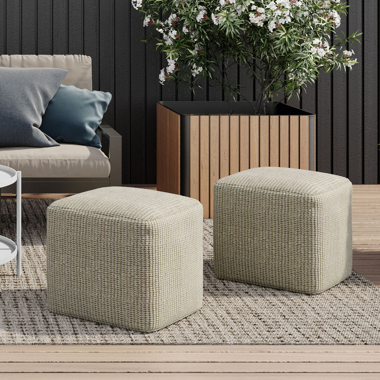 Zelma - Square Woven Outdoor / Indoor Pouf - Cream / Natural by Simpli-Home | Bel Furniture