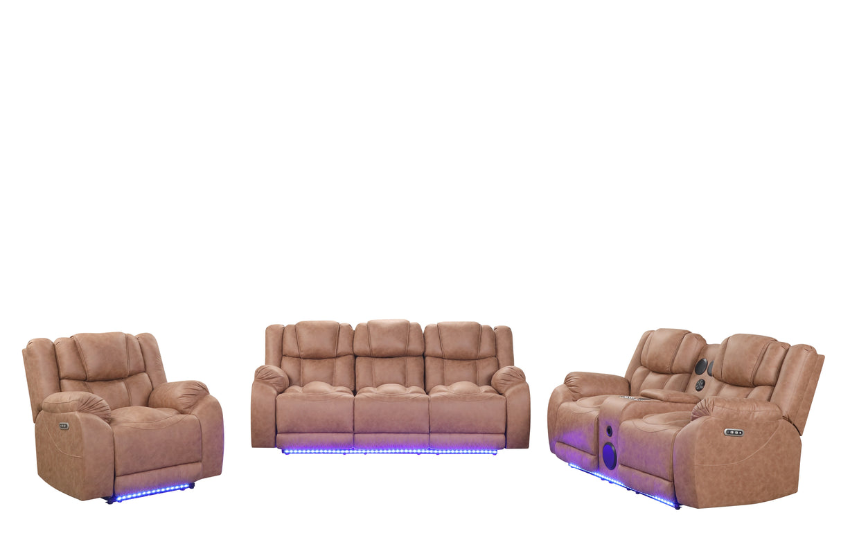 Brown Power Reclining 3-Piece Living Room Set with LED Lights, USB, Bluetooth Speaker & Wireless Charging