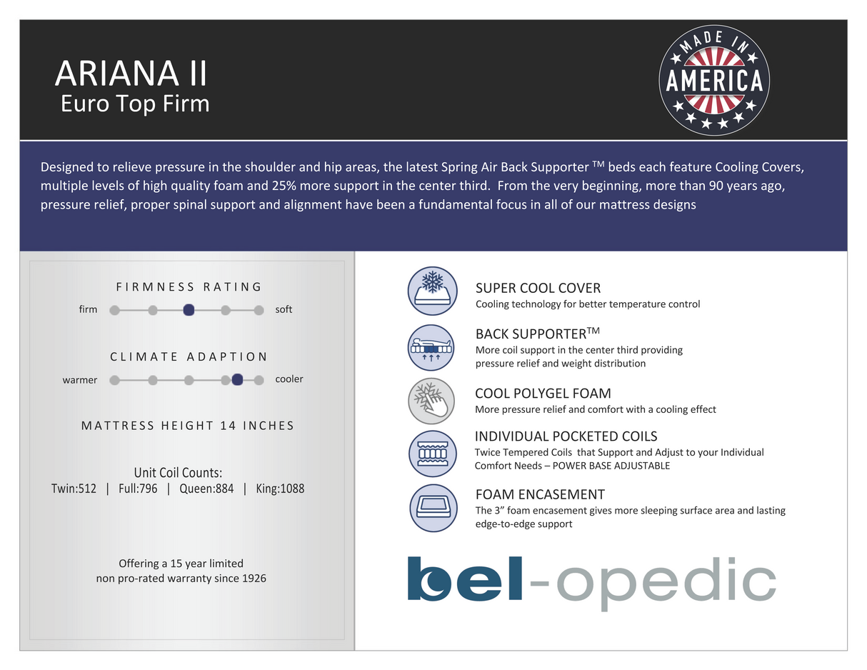 Ariana 15-Inch Medium Firm Innerspring Euro Top Mattress by Bel O Pedic | Bel Furniture