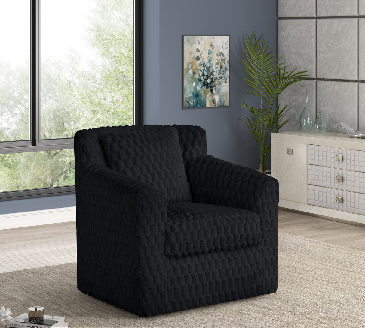 Serena Contemporary Black Sculpted Faux Fur 360° Swivel Accent Chair