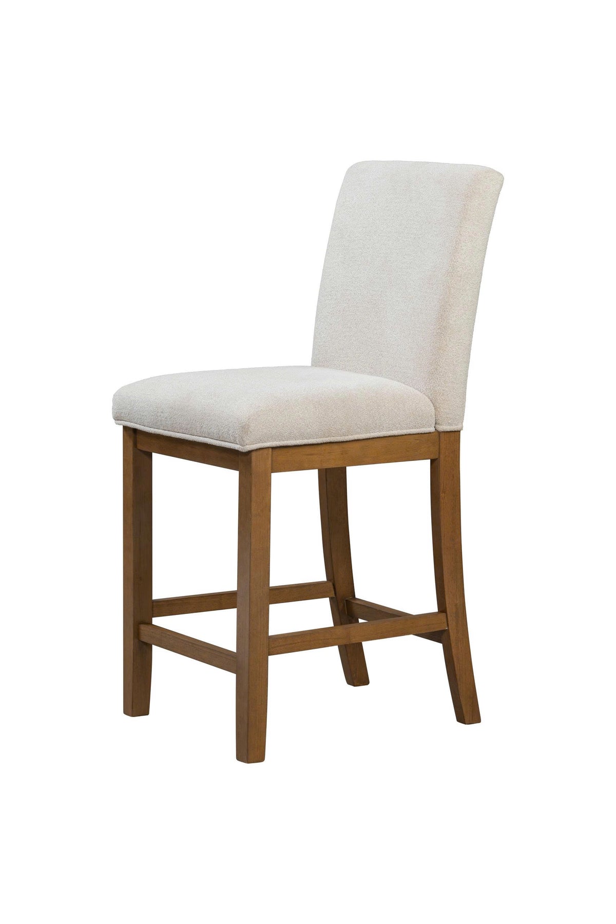 Beige Upholstered Bar Stool with High Back, Light Brown Wood Frame & Footrest