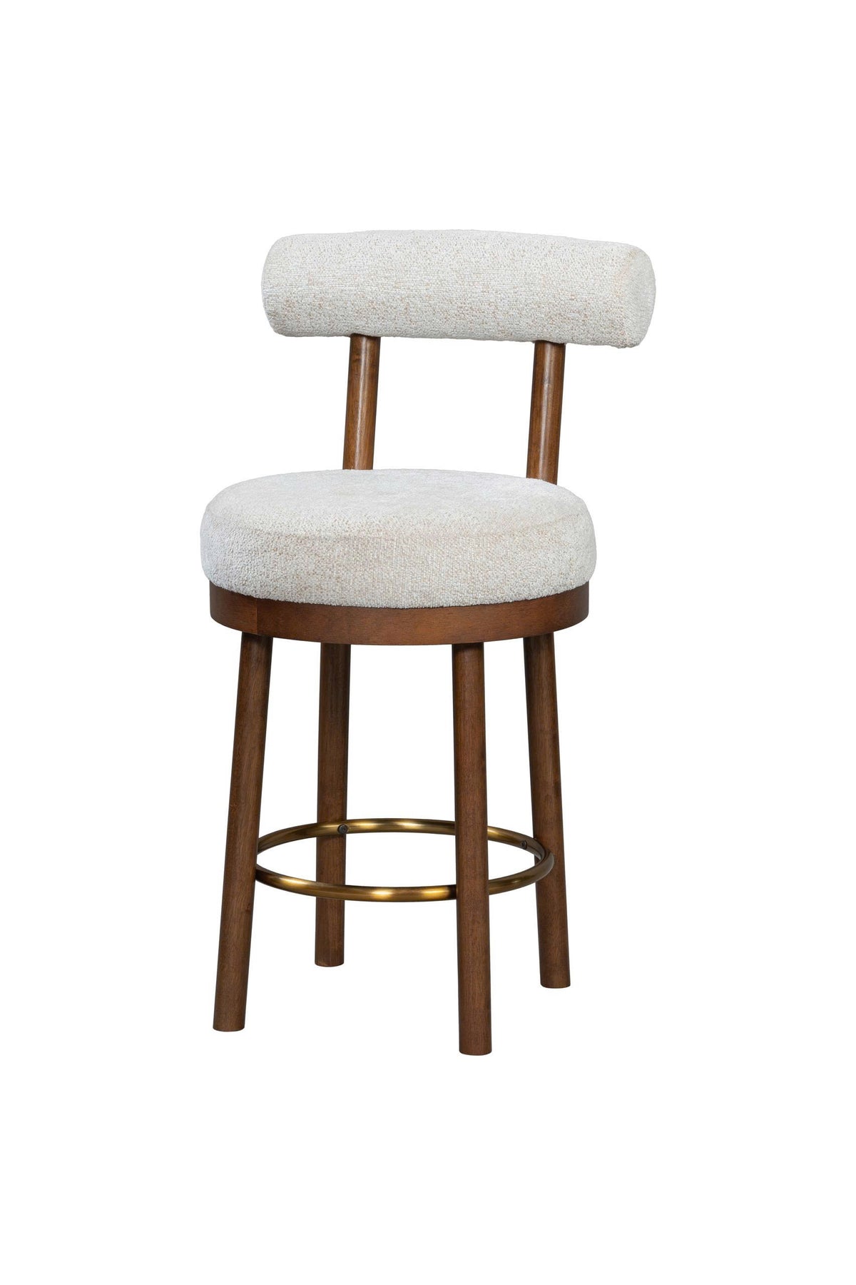 Cream Bouclé Upholstered Wood Bar Stool with Gold-Tone Footrest