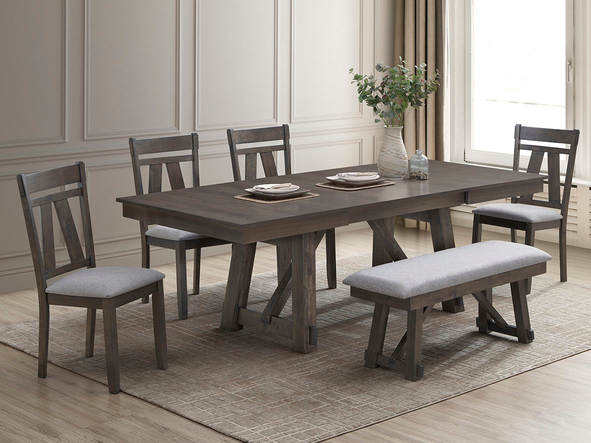 Rustic Trestle 6-Piece Dining Set with Extension Table, 4 Chairs & Bench – Dark Brown