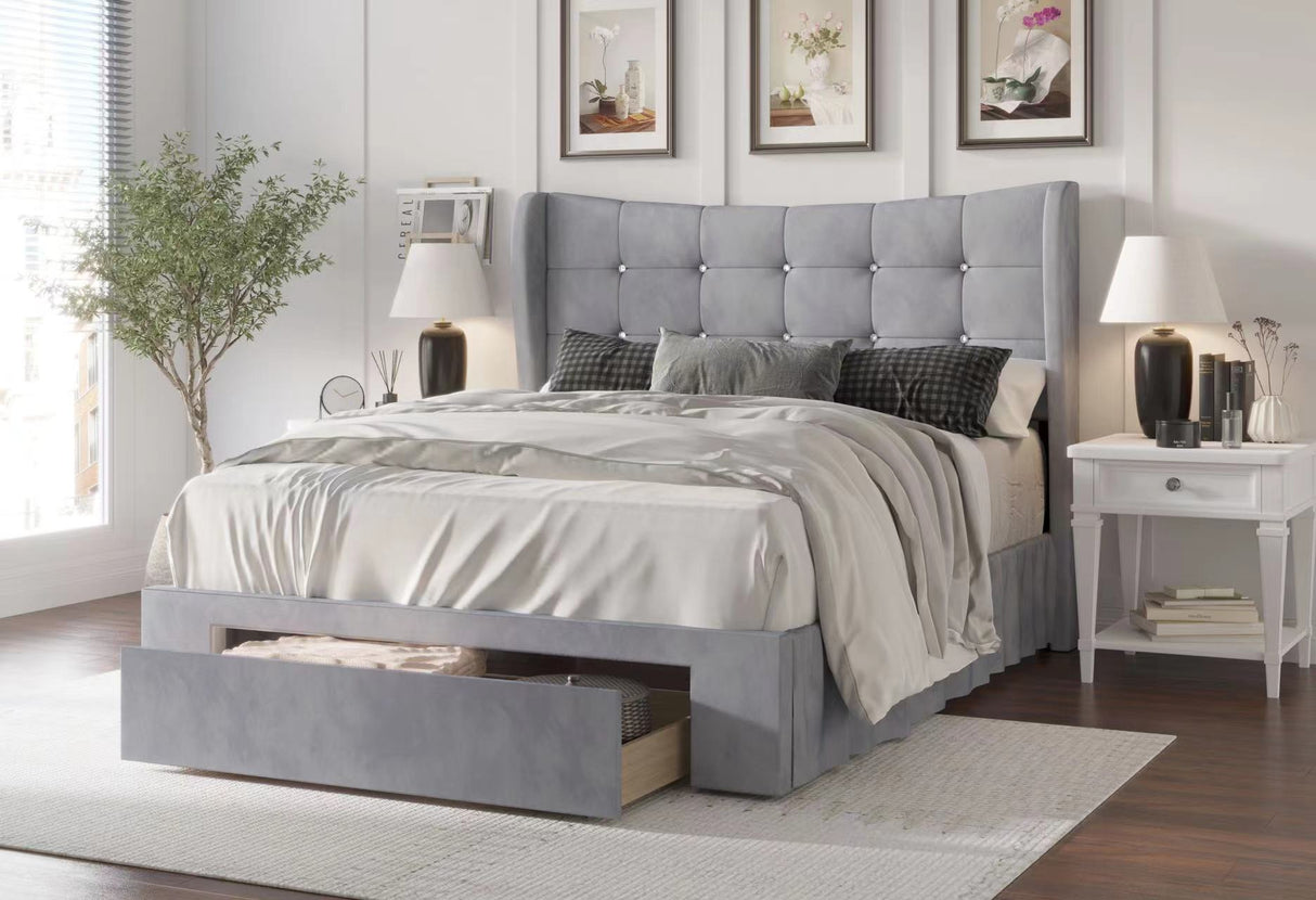 Gray Velvet Tufted Wingback Storage Queen Bed