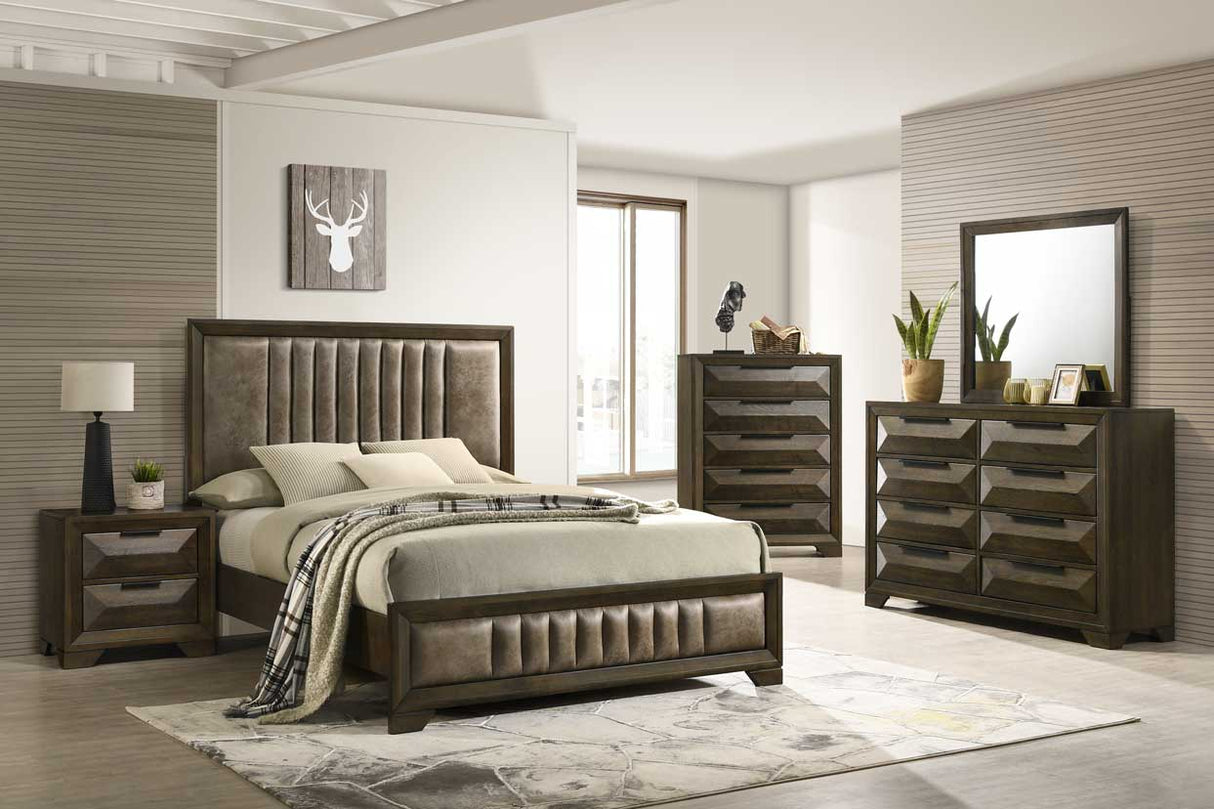 Canyon Ridge Modern Walnut 6-Piece Bedroom Set with Channel-Upholstered Bed & Geometric Drawers