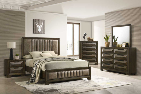 Canyon Ridge Modern Walnut 6-Piece Bedroom Set with Channel-Upholstered Bed & Geometric Drawers