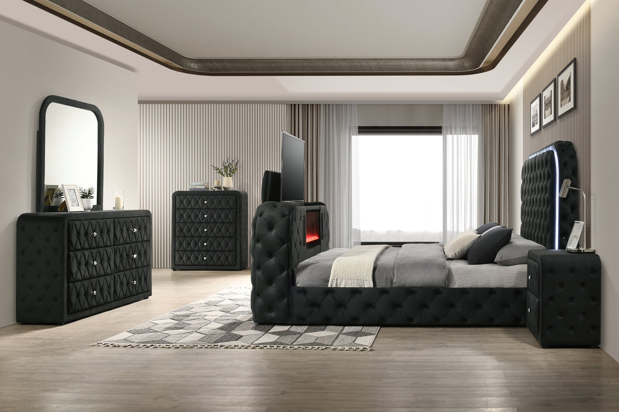 Velvet Tufted Bedroom Set with Built-in Fireplace, TV Stand, and Bluetooth Speakers by Mollai Collections | Bel Furniture