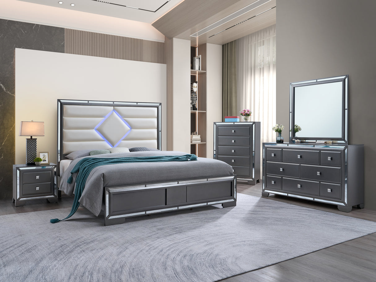 6 Piece Modern LED Panel Bedroom Set with Storage & Mirrored Trim by Mollai Collections | Bel Furniture