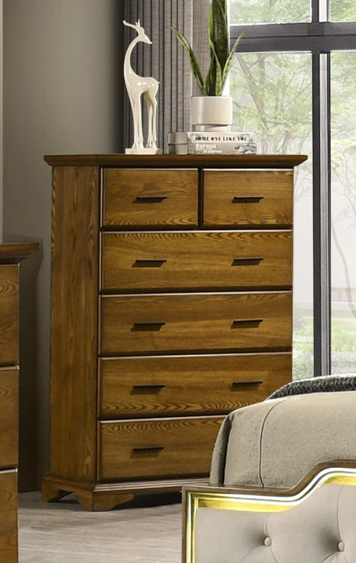 Light Oak 6-Drawer Bedroom Chest with Black Metal Pulls