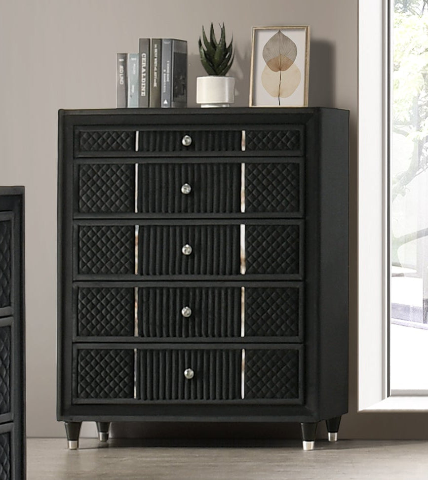 Velvet Black 5-Drawer Chest with Corduroy Accents, Dovetail Drawers & Ball-Bearing Glides