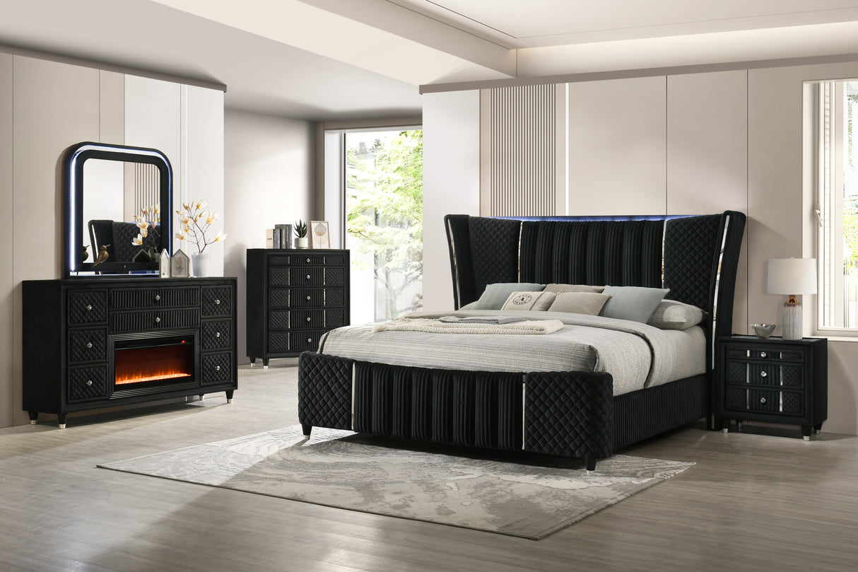 Velvet Black Glam Nightstand with Corduroy Accents