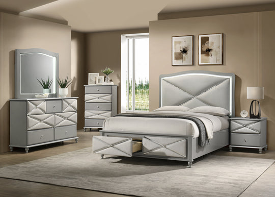 Light Gray 6-Piece LED Storage Bedroom Set with Upholstered Headboard