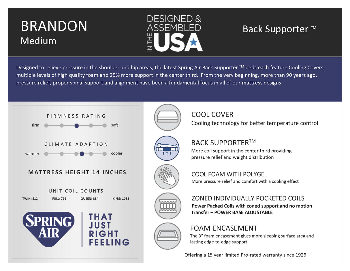 Brandon 14" Medium Firm Hybrid Mattress by Spring Air | Bel Furniture