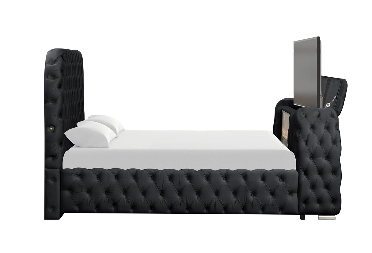 Luxury Velvet Tufted Bed with Fireplace, TV Lift, and Bluetooth Speakers by Mollai Collections | Bel Furniture