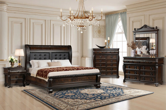 Regency Cherry 6-Piece Bedroom Set with Tufted Sleigh Bed, Dresser, Mirror & Nightstand