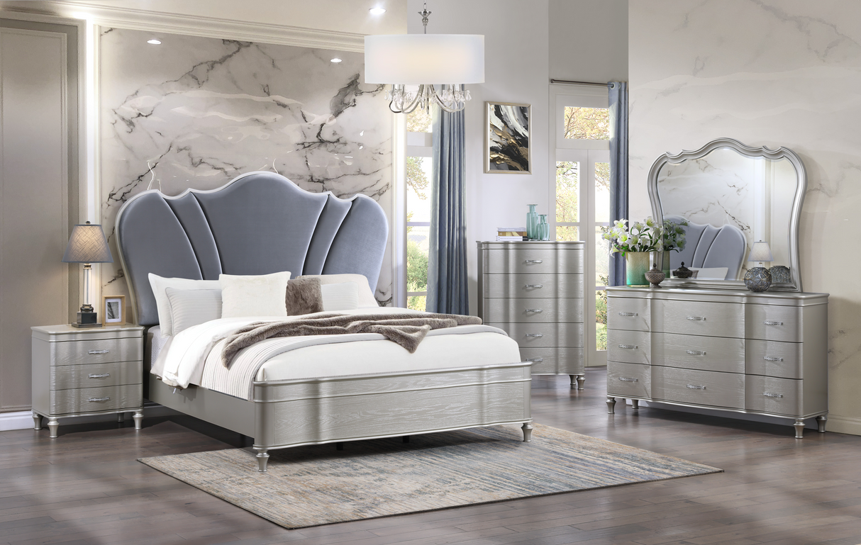 6 Piece Champagne Velvet Scalloped Bedroom Set by Mollai Collections | Bel Furniture