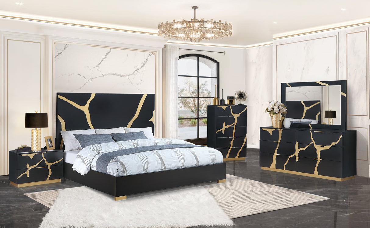 6 Piece Modern Bedroom Set - Black with Gold Accents by Mollai Collections | Bel Furniture