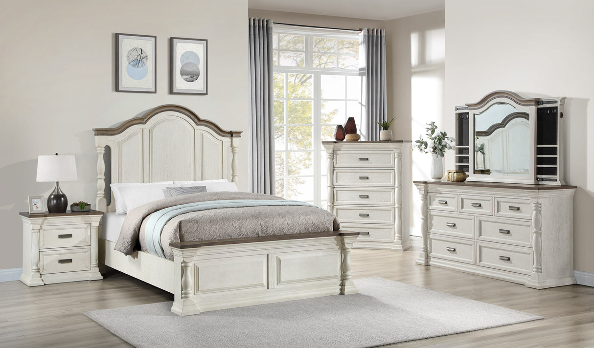 6 Piece Antique White & Warm Brown Bedroom Set with Dresser, Mirror & Nightstand by Mollai Collections | Bel Furniture