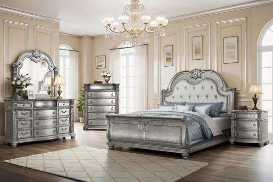 6-Pc Grey Traditional Bedroom Set with Tufted Sleigh Bed & Marble Tops