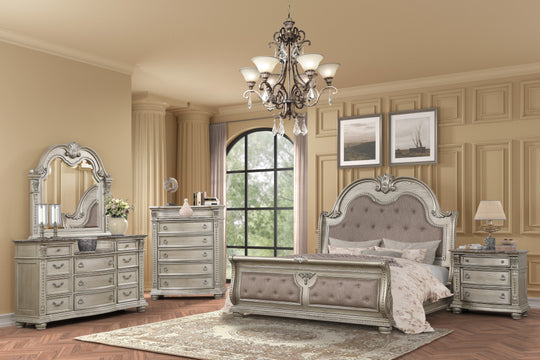 Gray 6-Piece Queen Bedroom Set w/ PU Upholstered Headboard, Marble-Top Dresser & Nightstand, Beveled Mirror
