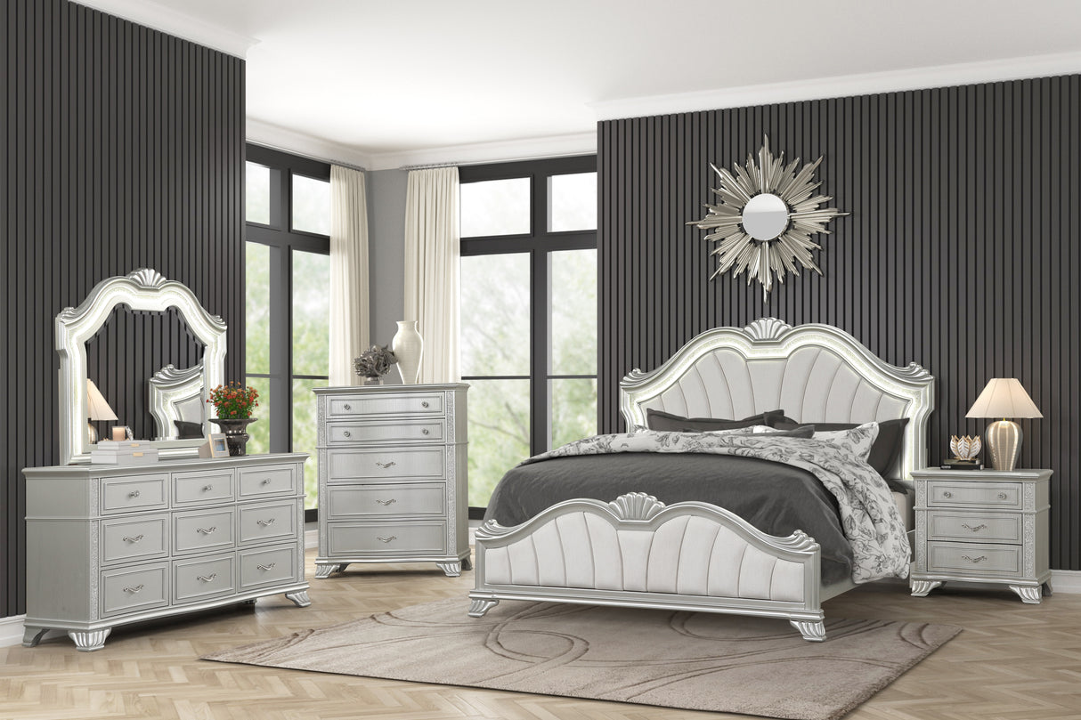 Glam 6-Piece Bedroom Set in Silver with LED Headboard, Beveled LED Mirror, Dresser, and USB Nightstand