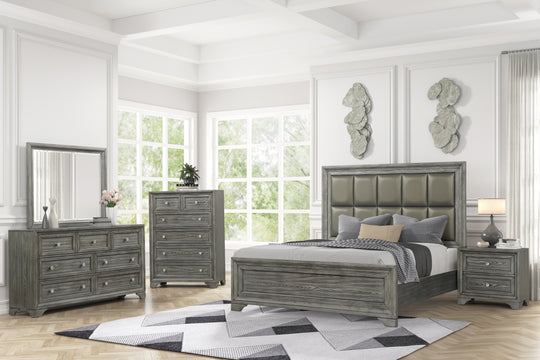 Transitional 6-Piece Gray Bedroom Furniture Set with Upholstered Headboard – King/Queen Bed, Dresser, Mirror & Nightstand