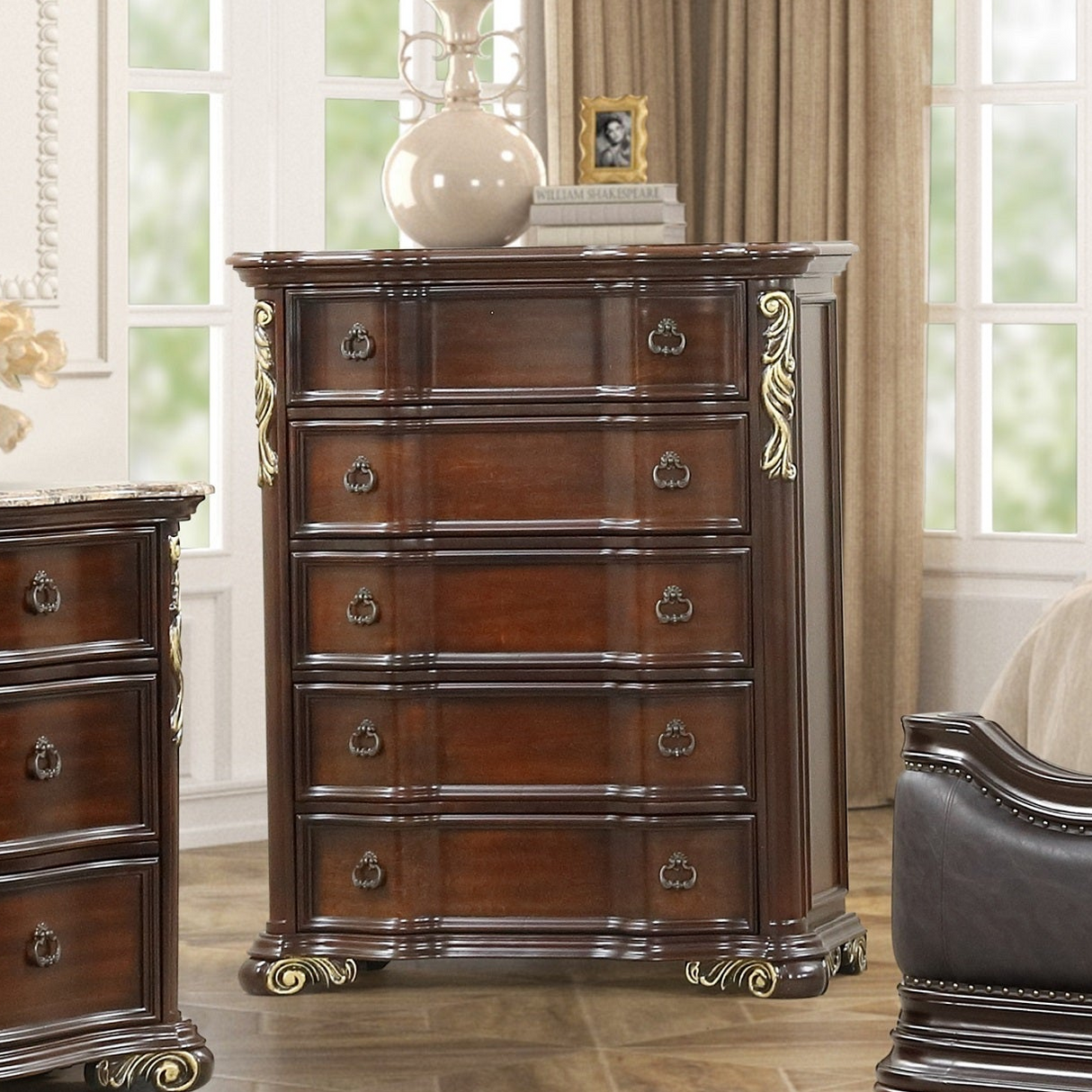 Luxury Traditional 5-Drawer Tall Chest in Cherry with Marble-Insert Top, Gold Leaf Accents, and Ornate Metal Hardware