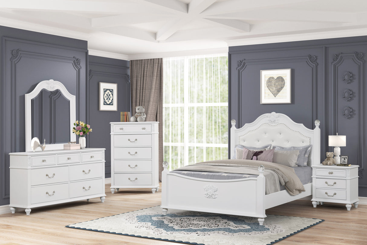 White Glam 6-Piece Bedroom Set with Upholstered Panel Bed, Dresser, Mirror & USB Nightstand