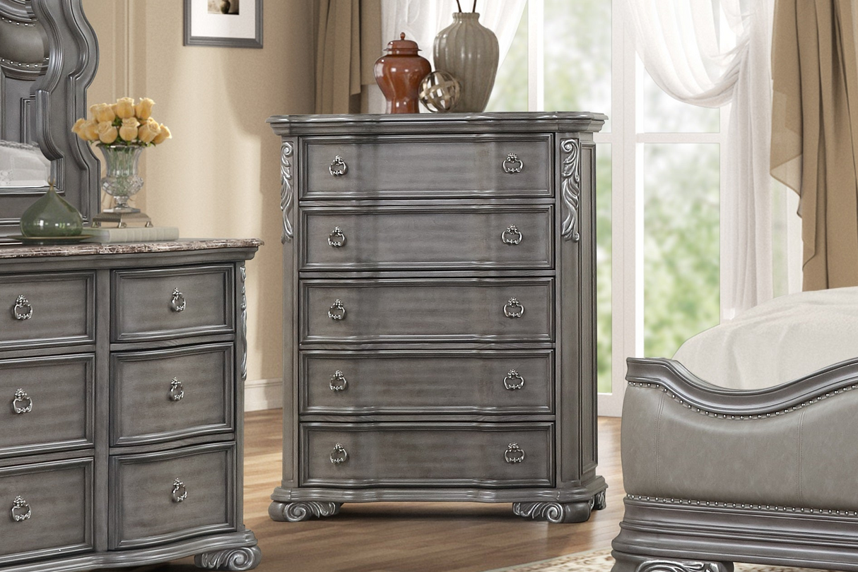 Gray Ornate Carved 5-Drawer Bedroom Chest with Marble Insert Top