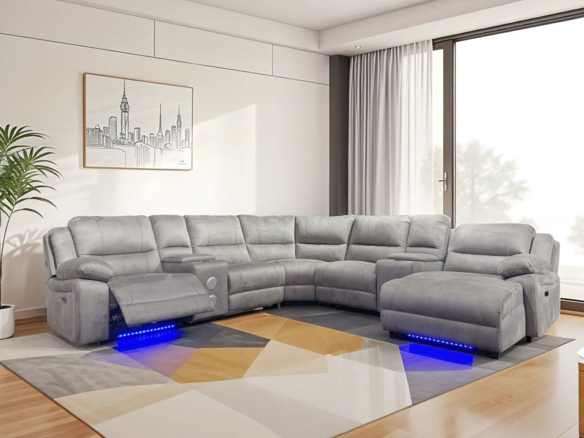 Power Reclining Sectional Sofa with LED Lights, Bluetooth Speakers & Storage Console - Beige by Sara Collections | Bel Furniture