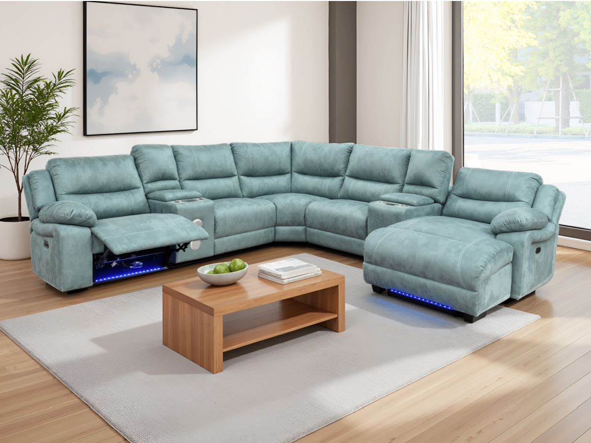 Power Reclining Sectional Sofa with LED Lights, Bluetooth Speakers & Storage Console - Light Green by Sara Collections | Bel Furniture