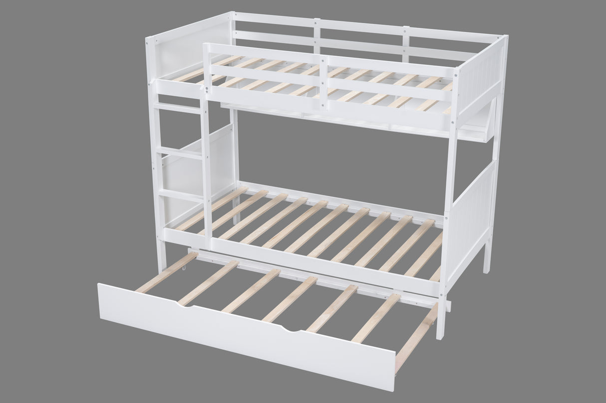 White Twin-Over-Twin Bunk Bed with Bookshelf & Roll-Out Trundle