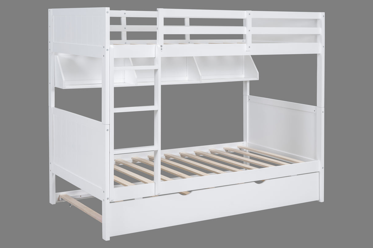 White Twin-Over-Twin Bunk Bed with Bookshelf & Roll-Out Trundle